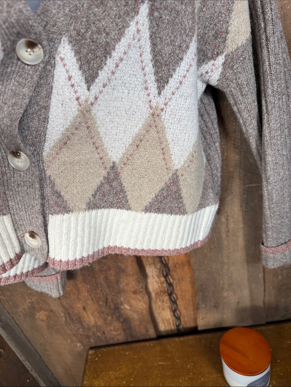 Rachel Zoe Taupe, Cream & Beige Argyle Button-Front Cardigan - Picture 4 of 9